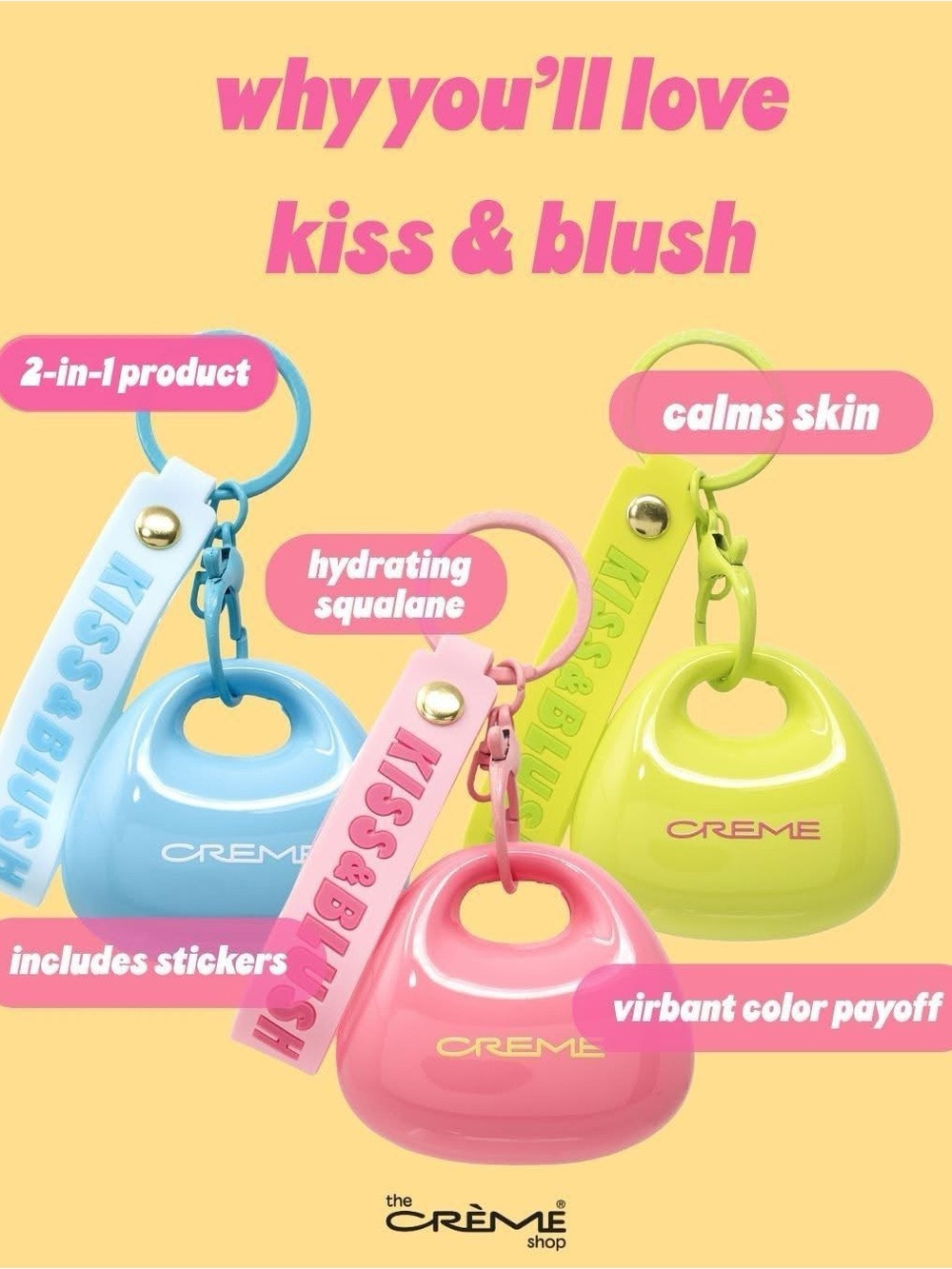 Blush Kiss & Blush Keychain Trio — Pink, Blue, Lime-Green